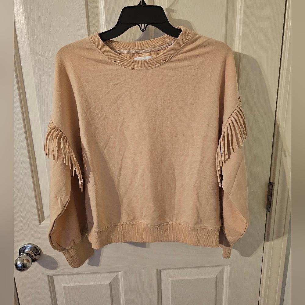 SUNDAYS Women's Jane Fringe Trimmed Sweatshirt Ivory Smoke Sz 1